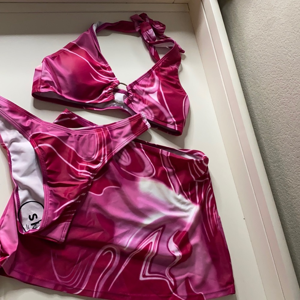 3 piece hot pink tie dye swirl bikini swimsuit & beach skirt size small - Picture 2 of 7
